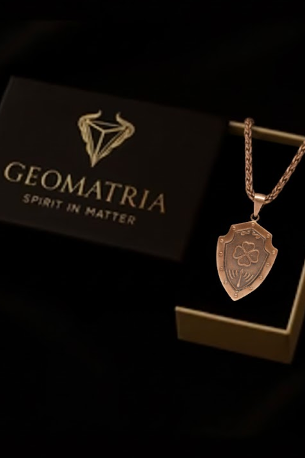 a necklace with a pendant, displayed in a box with a logo.