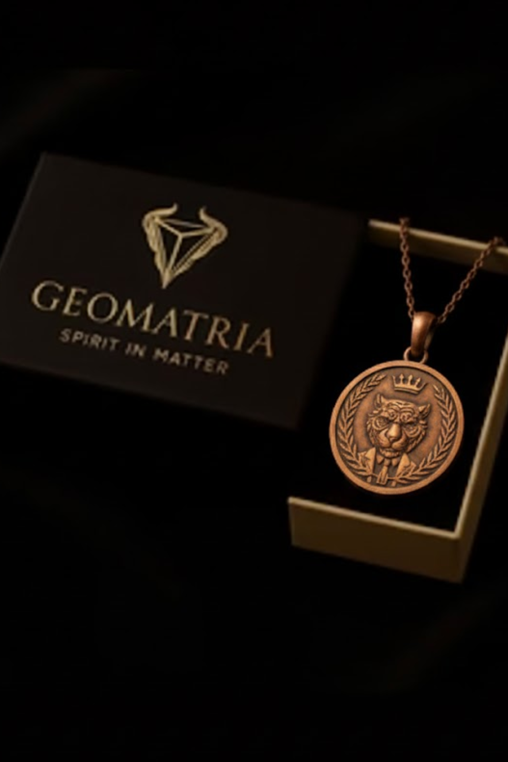 a pendant necklace with a circular pendant, placed inside a box with a dark background.