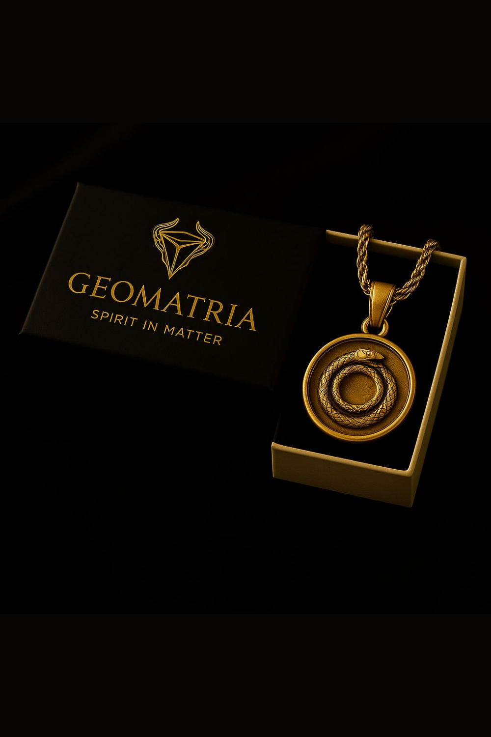 A gold pendant necklace with a snake design is displayed in a gold box with the text "Geomatria" and "SPIRIT IN MATTER" printed on it.