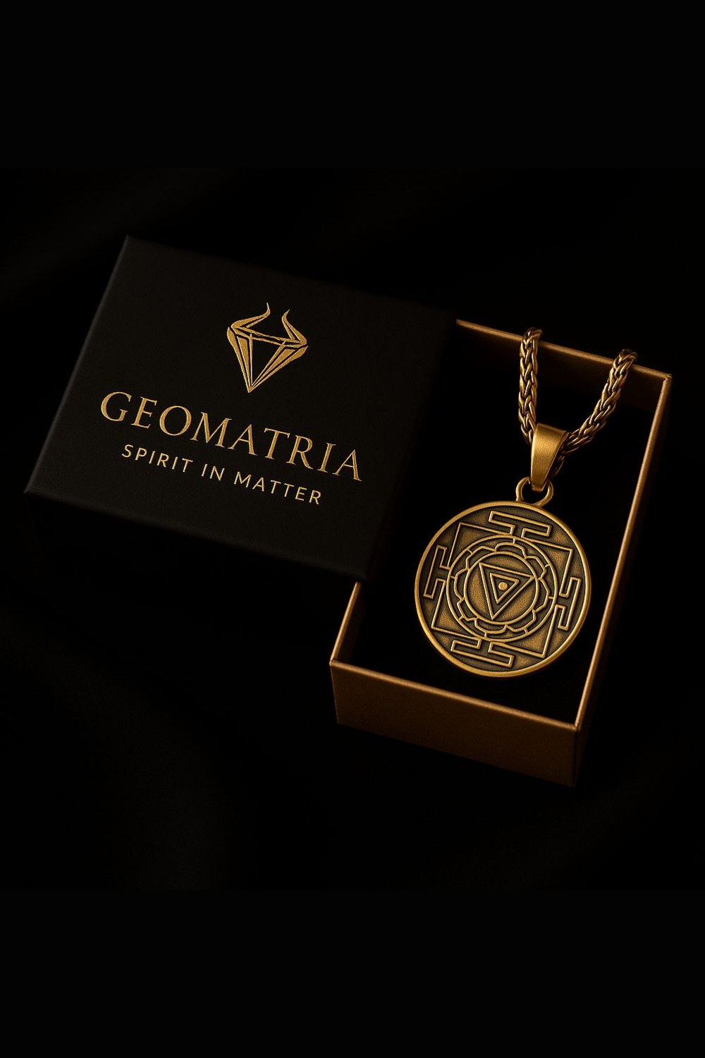 A gold-colored pendant necklace with a geometric design, displayed in a black box with the Geomatria logo.