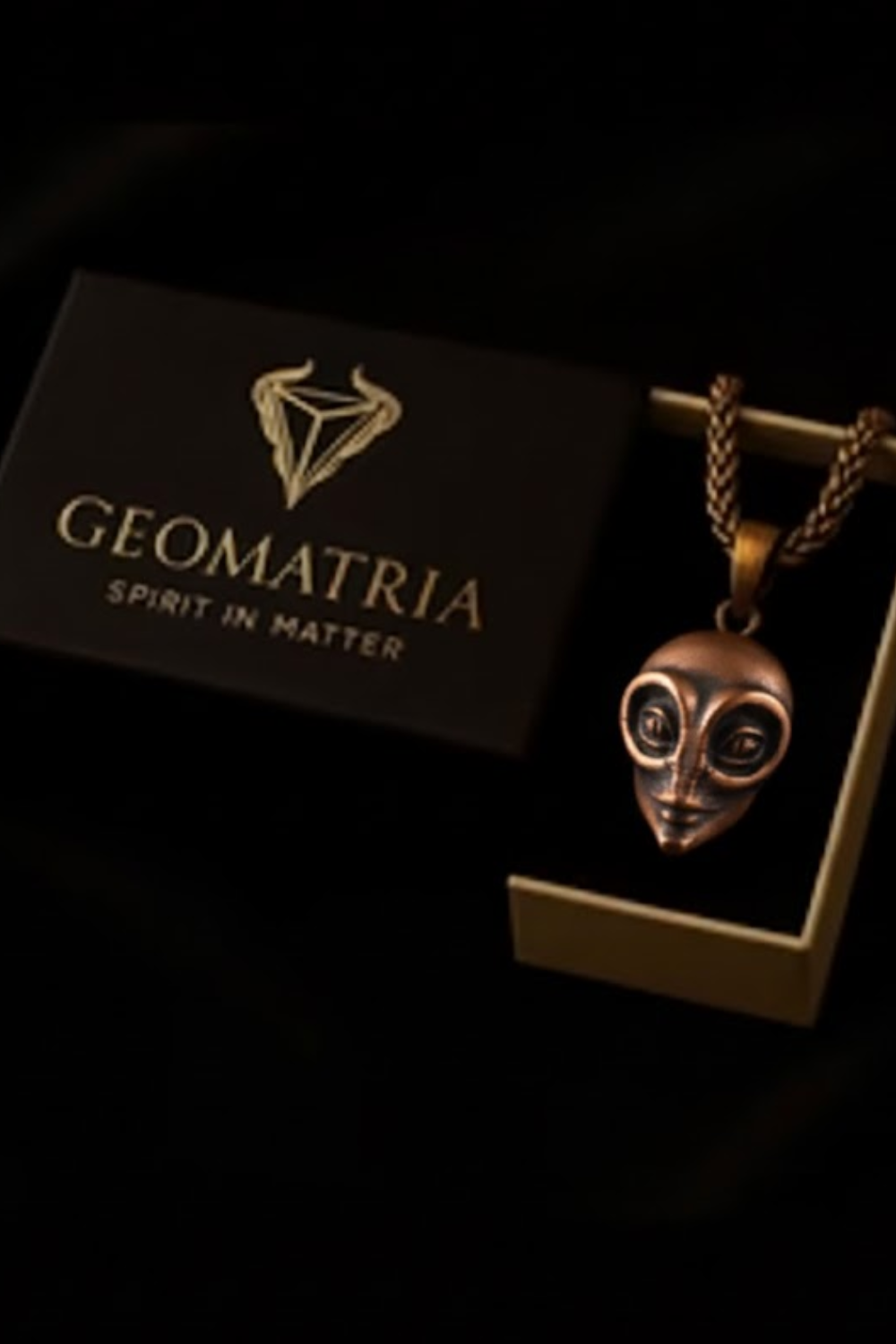 a pendant with an alien-like face design, displayed in a black box with gold lettering.