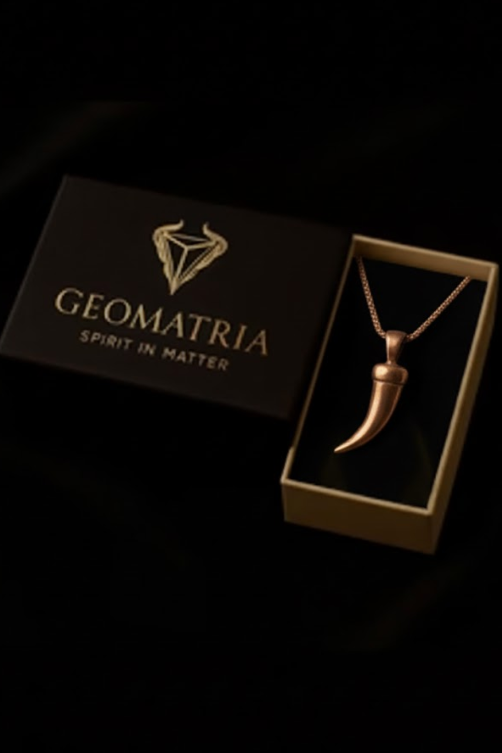 A gold-colored pendant necklace is displayed in a black box with the text "Geomatria" and "SPIRIT IN MATTERS" printed on it.