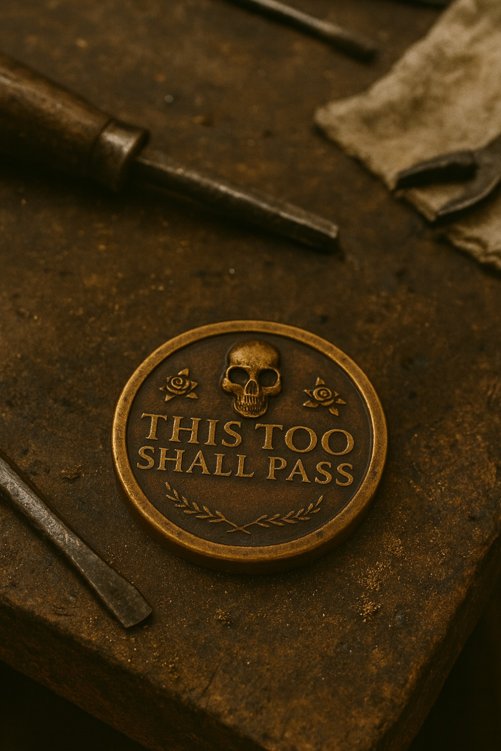 a close-up of a round metal object with a skull and rose design, placed on a wooden surface.
