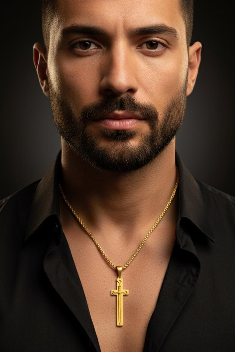 A man with a beard wearing a black shirt and a gold cross necklace is shown in a close-up portrait against a dark background.