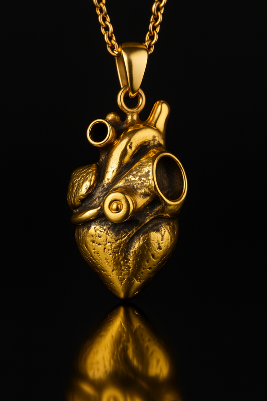 A gold-colored heart-shaped pendant with a chain and a small bell-like object attached to it, set against a black background.