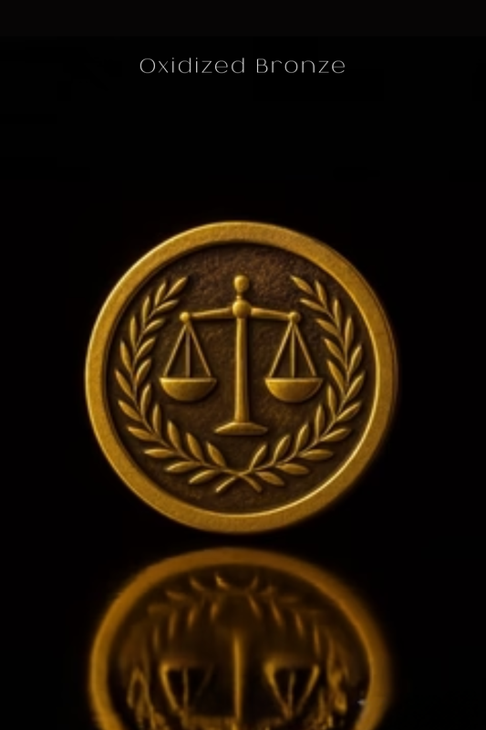 a golden emblem with a scale of justice, surrounded by a laurel wreath, against a black background.
