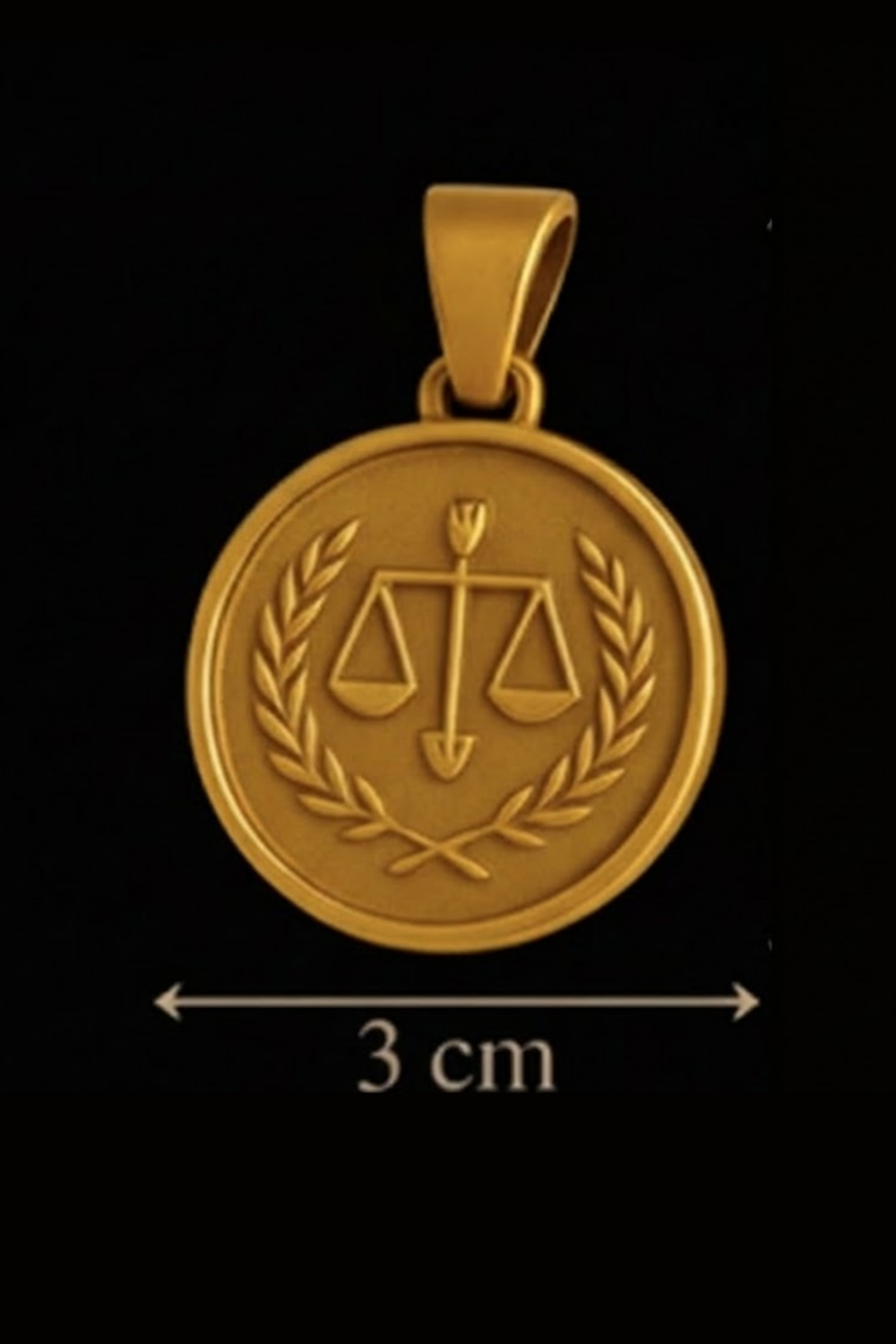 A gold-colored pendant with a symbol of scales of justice, which is a common symbol associated with law and justice.