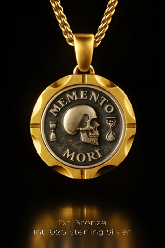 a gold-colored pendant with a circular design, including a skull and the Latin phrase "Memento mori" (which means "Remembering the dead" in English). The pendant is set against a black background, and the image is described as a "collage of multiple images" and "Ext. Bronze int. 925 Sterling Silver".