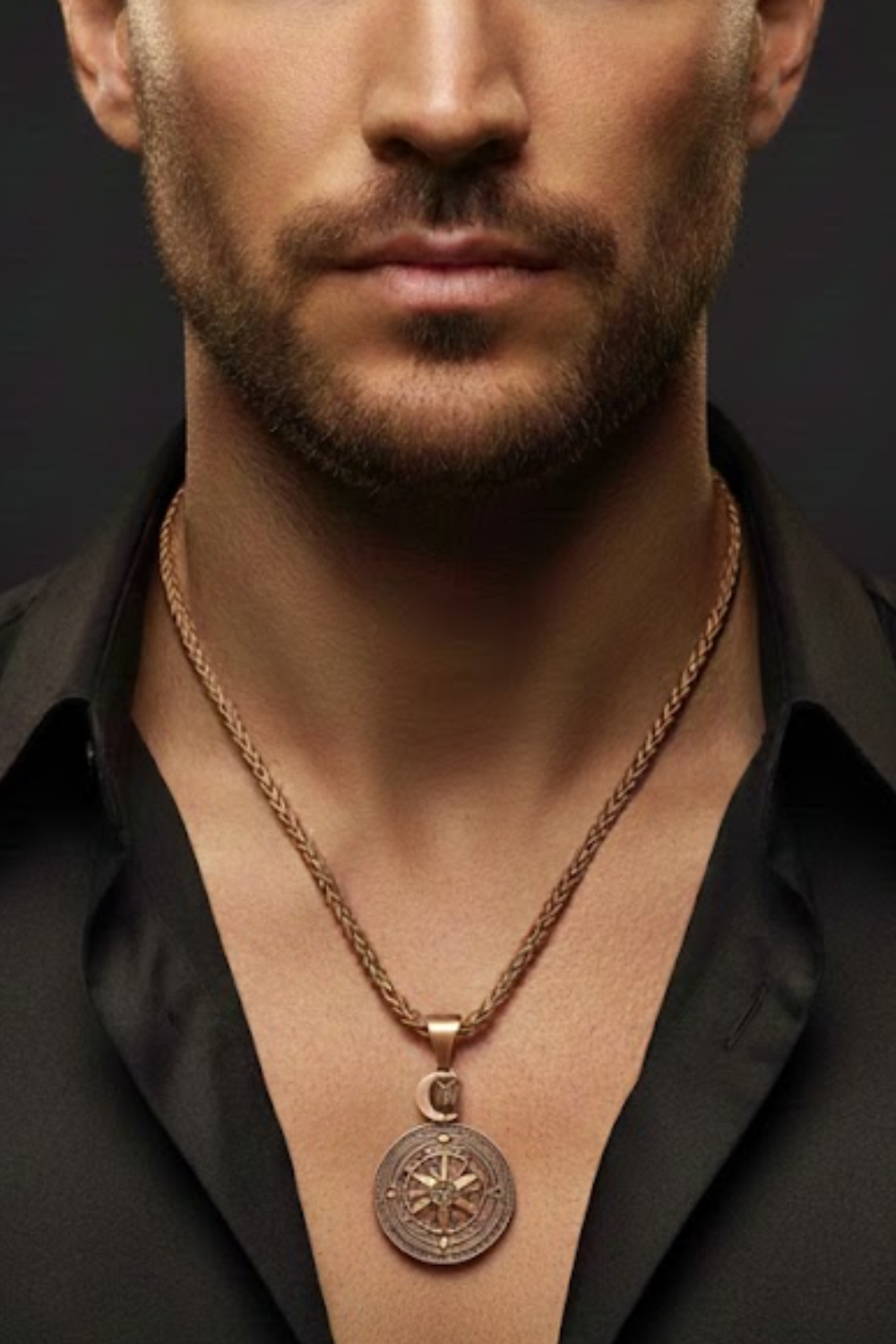 A close-up of a man's neck and chest area, with a gold-colored pendant necklace visible.