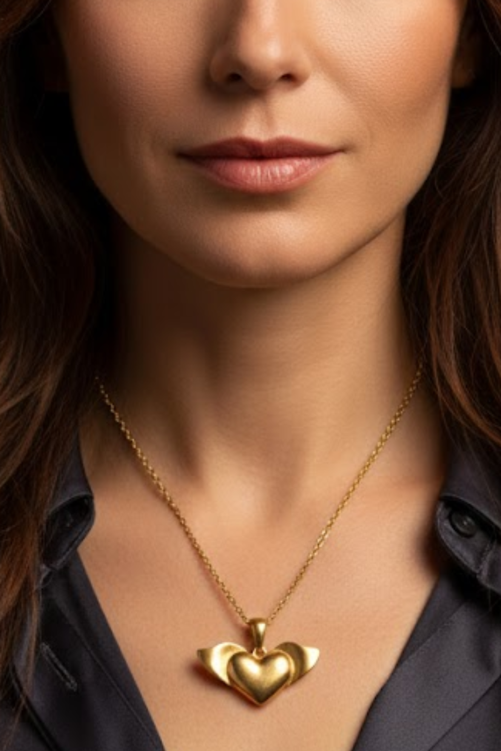 A close-up of a woman's face, focusing on her necklace with a heart-shaped pendant.
