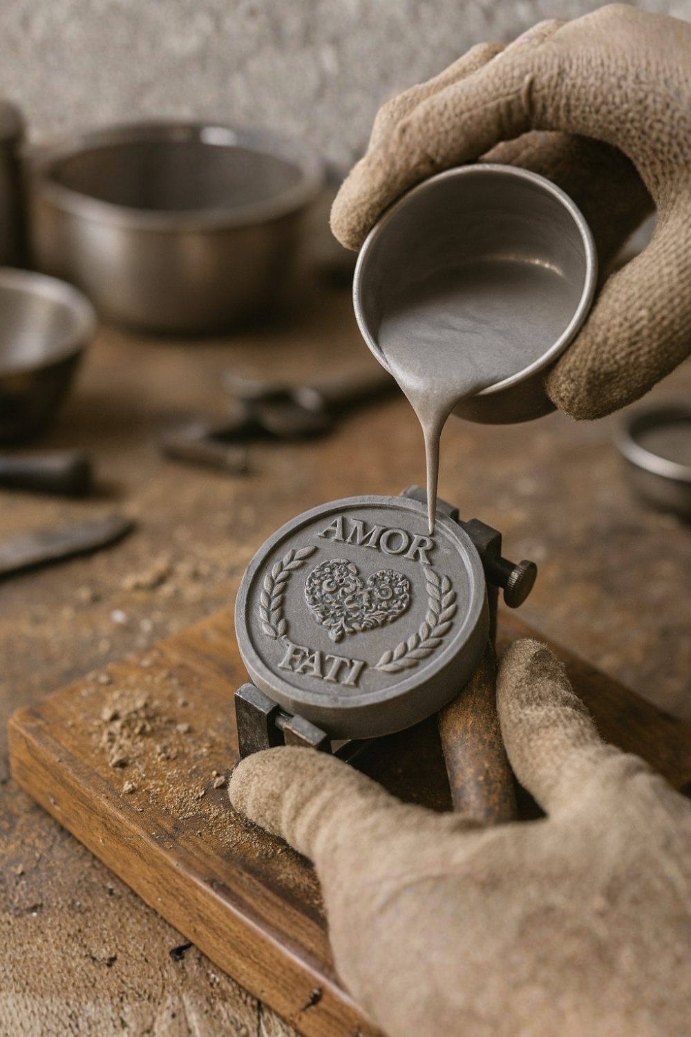 A person's gloved hand is pouring a gray substance onto a metal object with a heart-shaped design, which appears to be a piece of jewelry or a decorative item.