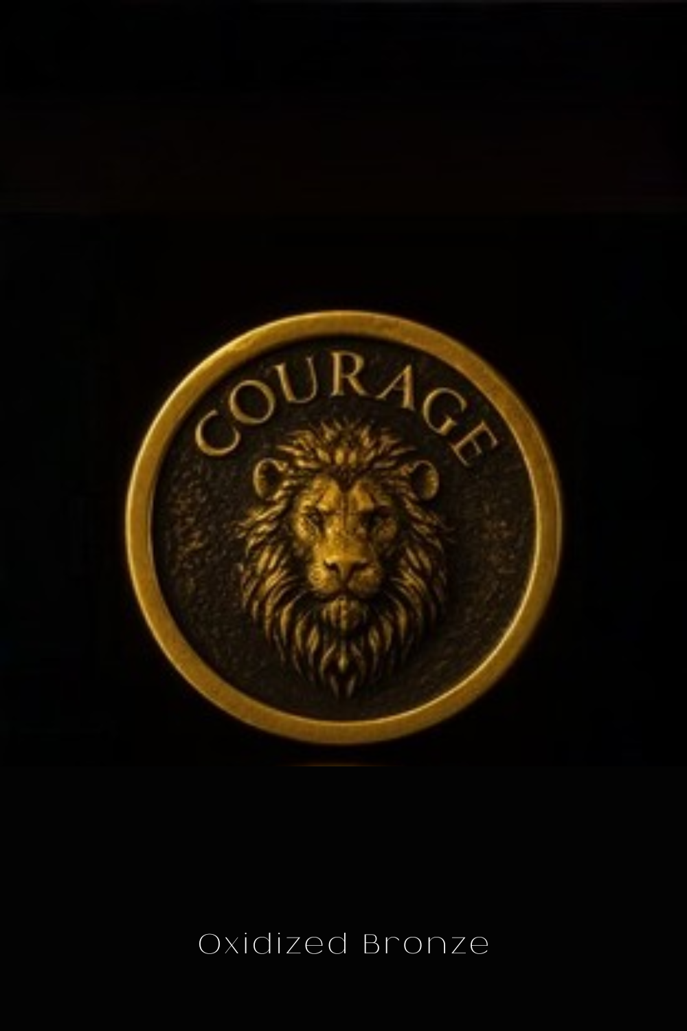 a close-up of a golden lion's head on a circular background with the word "COURAGE" written above it.