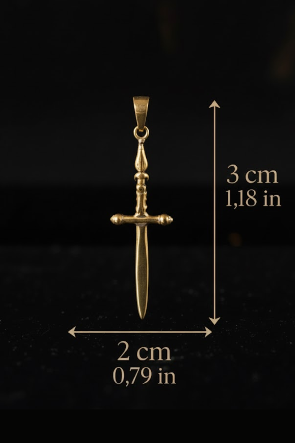 A gold-colored pendant in the shape of a sword is shown against a black background, with measurements provided.