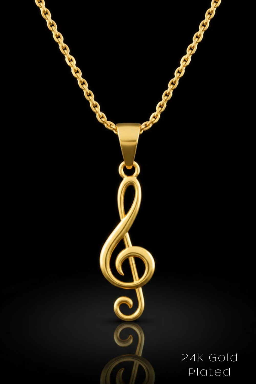 A gold-colored musical note pendant with a chain is displayed against a black background.