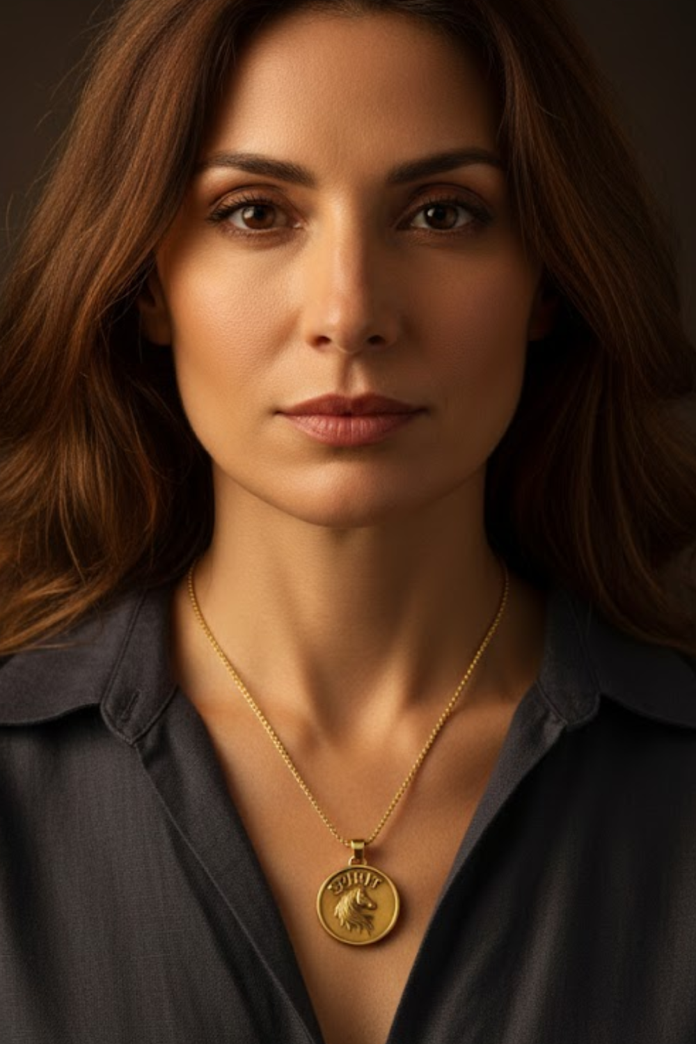 A close-up portrait of a woman with long brown hair, wearing a necklace with a large pendant. She is looking directly at the camera with a serious expression.