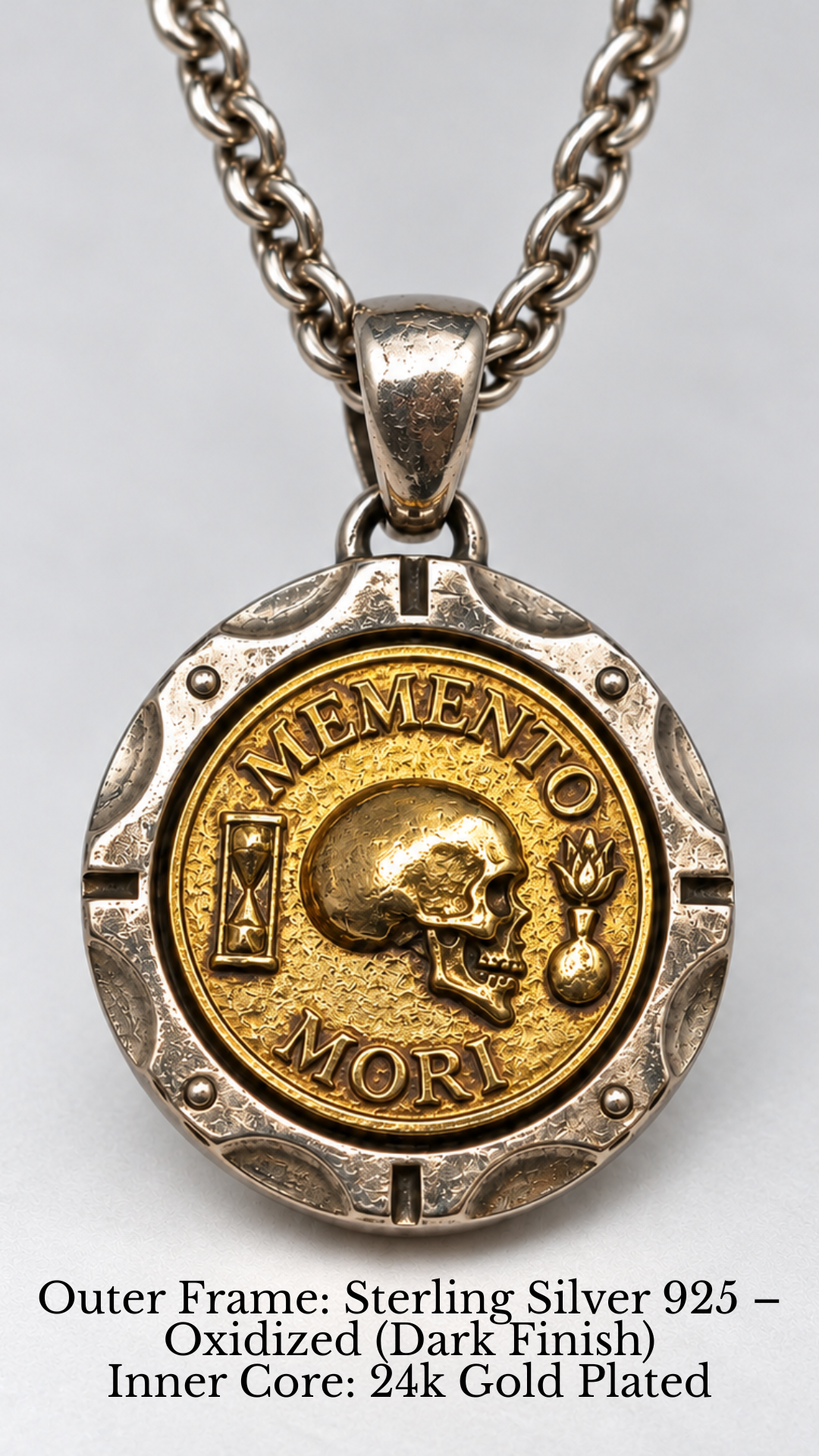 Memento Mori Necklace - Dual Metal Pendant | Symbol of Life, Death & Awareness | Handmade in 925 Sterling Silver & Bronze