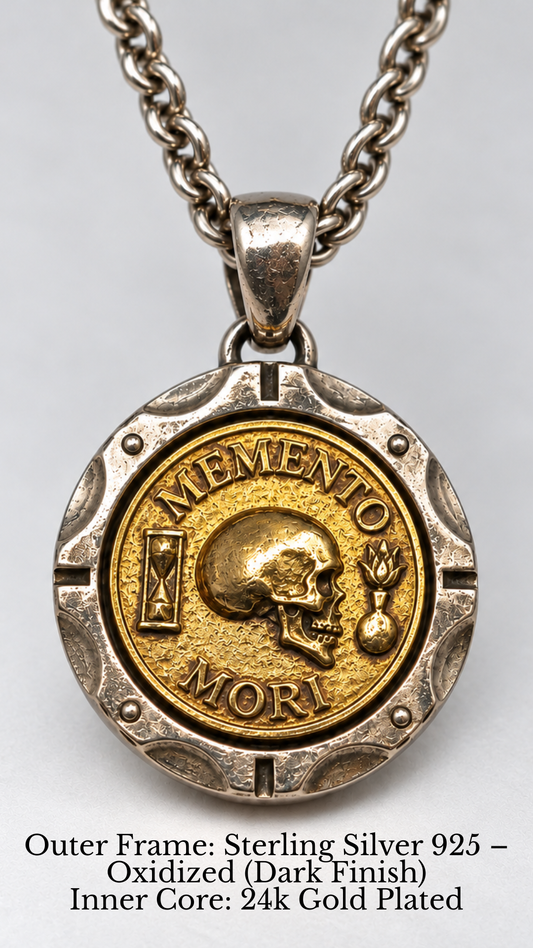 Memento Mori Necklace - Dual Metal Pendant | Symbol of Life, Death & Awareness | Handmade in 925 Sterling Silver & Bronze