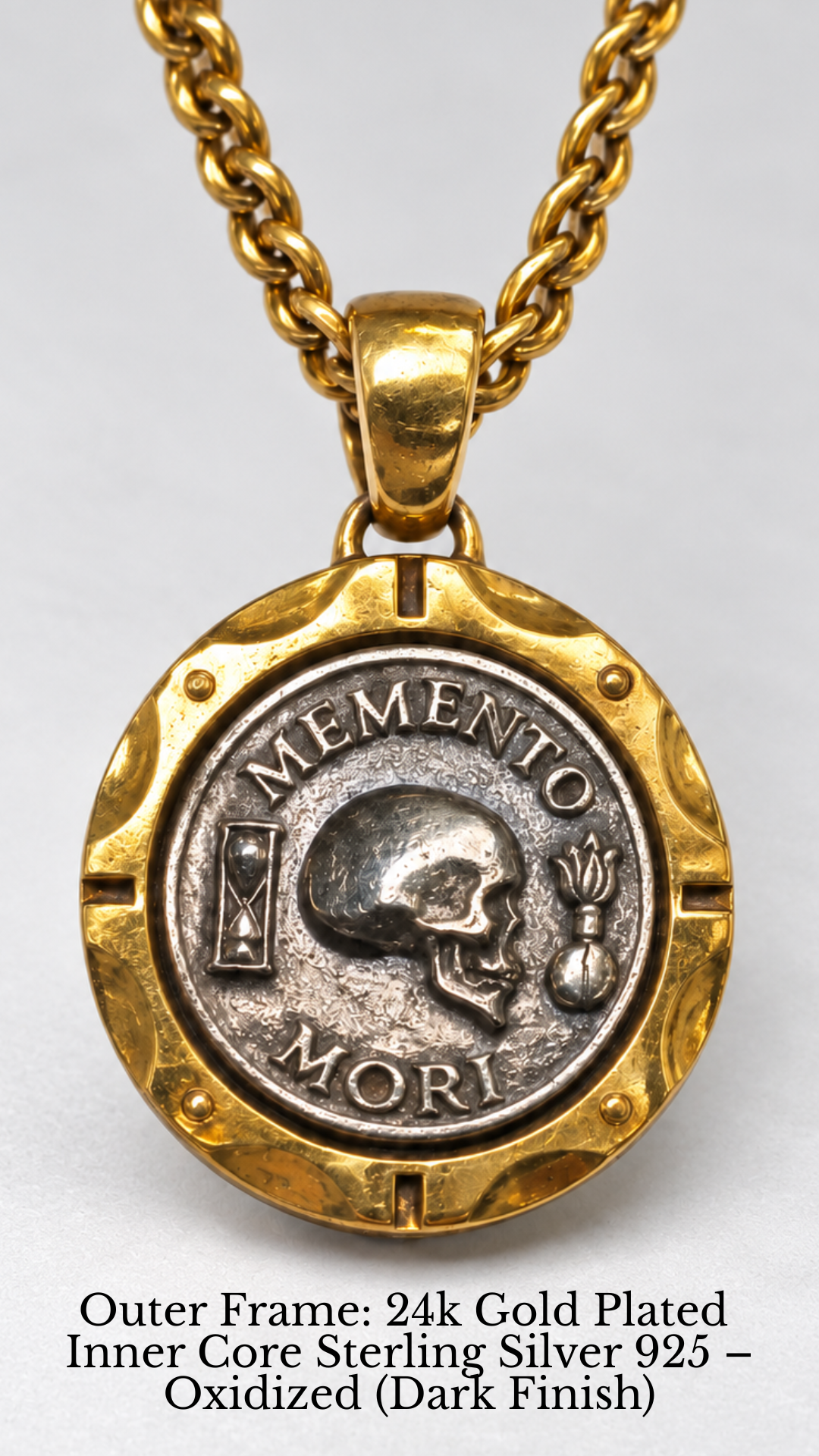 Memento Mori Necklace - Dual Metal Pendant | Symbol of Life, Death & Awareness | Handmade in 925 Sterling Silver & Bronze
