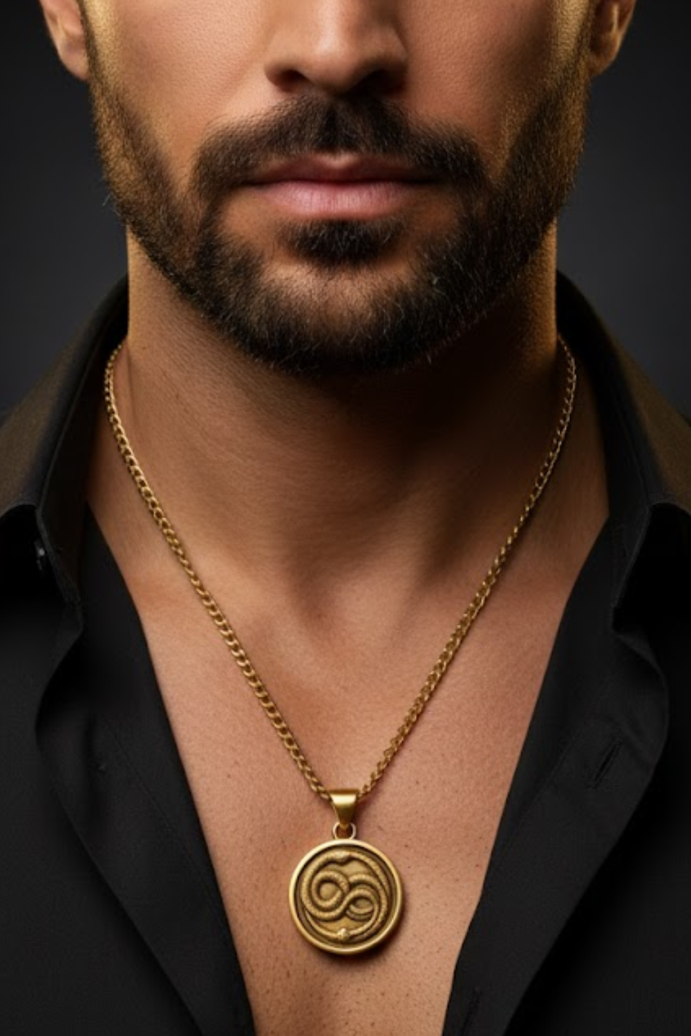 A close-up of a man's neck and chest area, with a gold necklace and a pendant featuring a circular design.