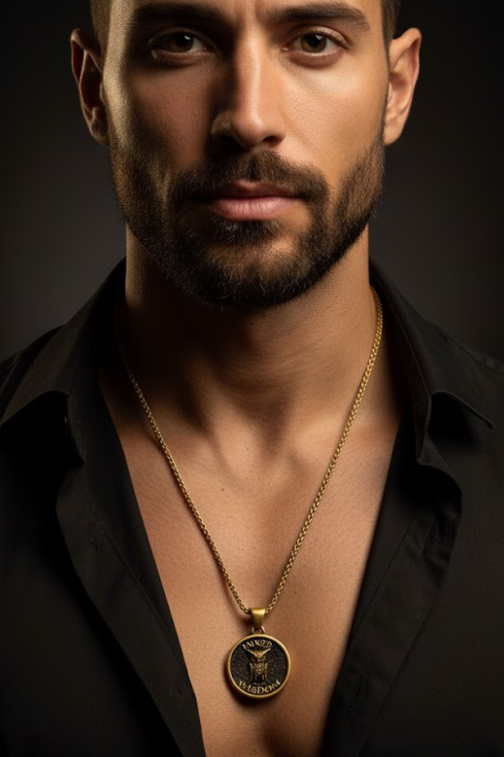 A man with a beard wearing a black shirt and a gold necklace with a pendant.