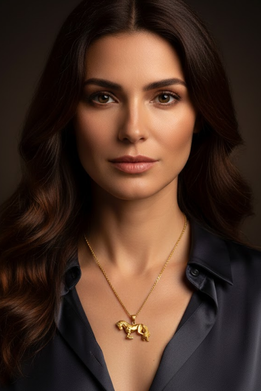 A woman with long brown hair wearing a necklace with a pendant, looking directly at the camera with a serious expression.