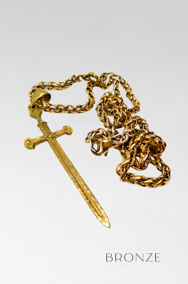 Colgante de espada en bronce, plata de ley 925, baño de oro de 24 k, collar de daga, espada antigua 