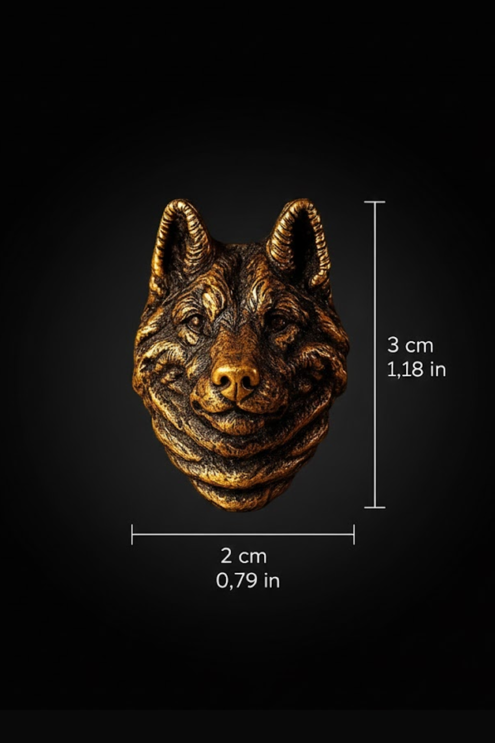 a close-up of a golden wolf head sculpture against a black background.