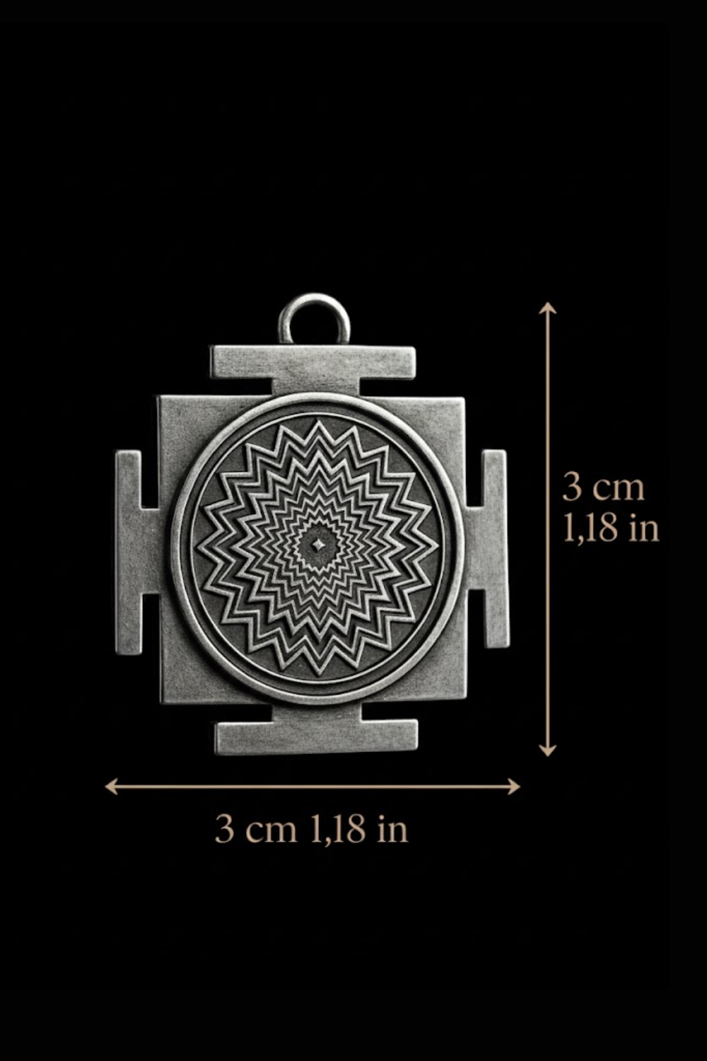 a metal pendant with a geometric design, including a starburst pattern, and is approximately 3 cm in diameter.
