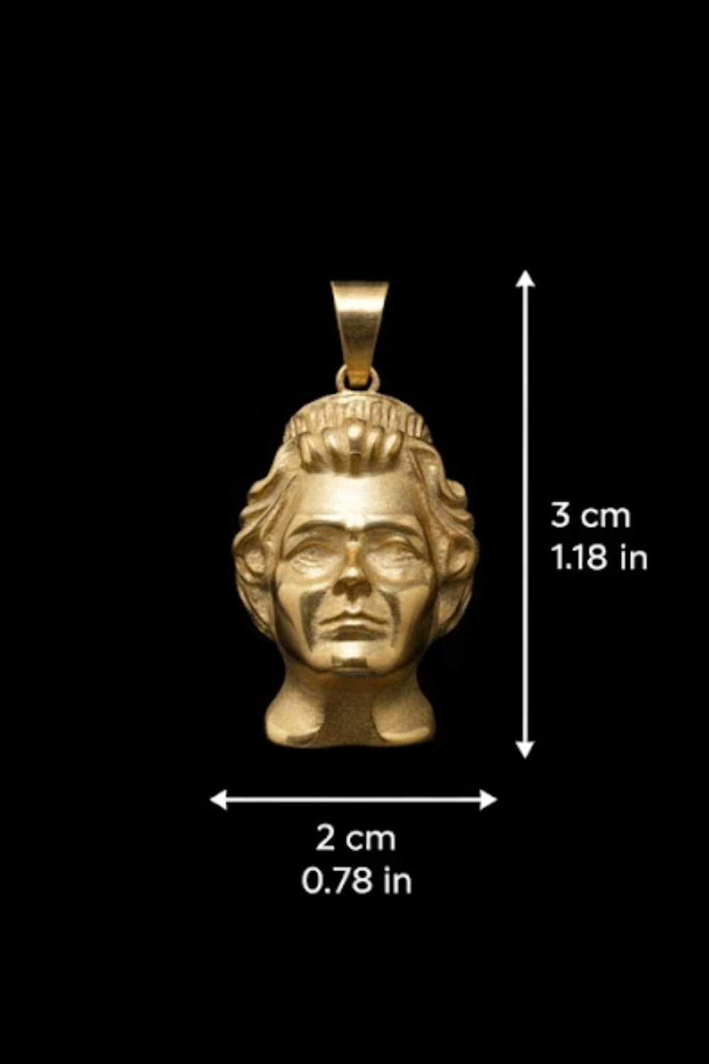 A gold-colored pendant in the shape of a human head, with measurements provided.
