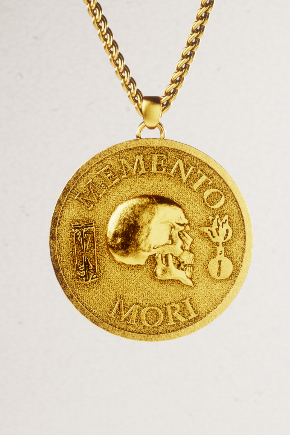 Collar mediano Memento Mori: joyería estoica hecha a mano en oro de 18 quilates, símbolo de sabiduría.