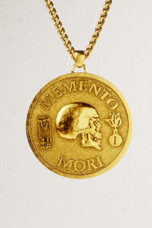 Collar mediano Memento Mori: joyería estoica hecha a mano en oro de 18 quilates, símbolo de sabiduría.