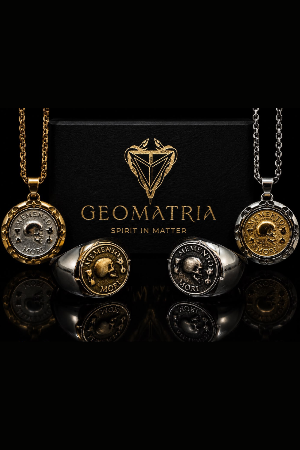 Memento Mori Set | Dual Metal Pendant & Ring | Handmade in 925 Sterling Silver & Bronze