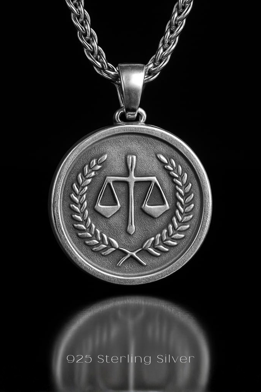 A silver-colored pendant necklace with a circular medallion featuring a scale of justice symbol and laurel leaves.