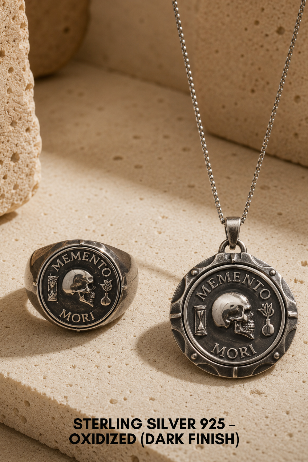 Memento Mori Set | Dual Metal Pendant & Ring | Handmade in 925 Sterling Silver & Bronze