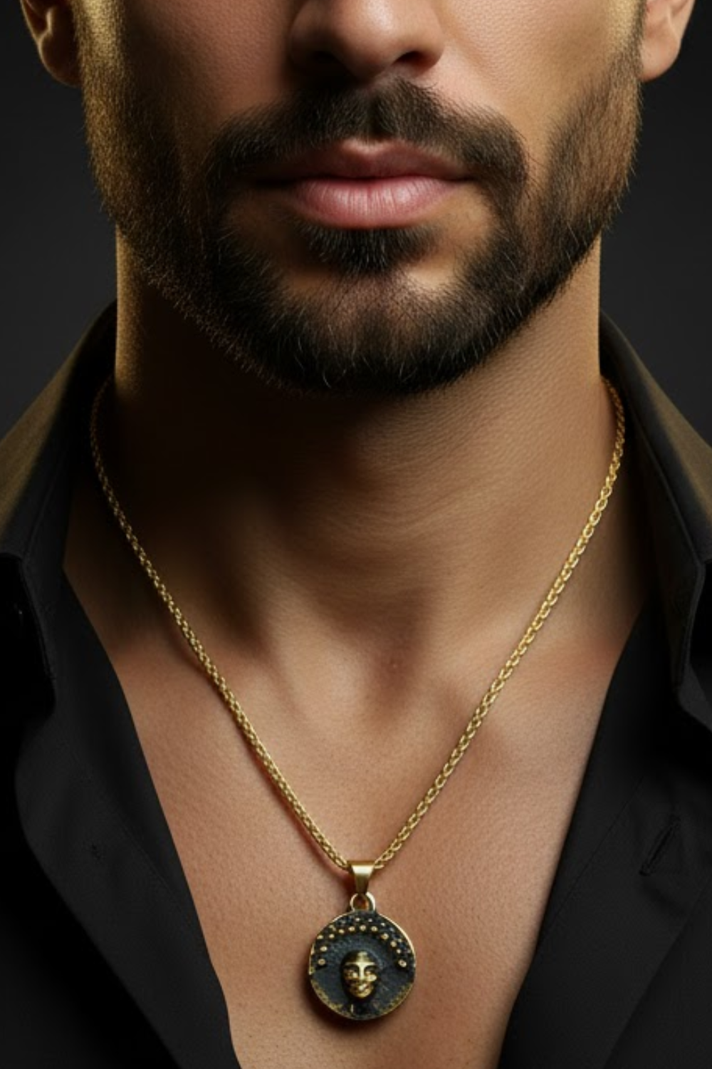 A close-up of a man's neck and chest area, with a gold chain necklace and a pendant featuring a face design.