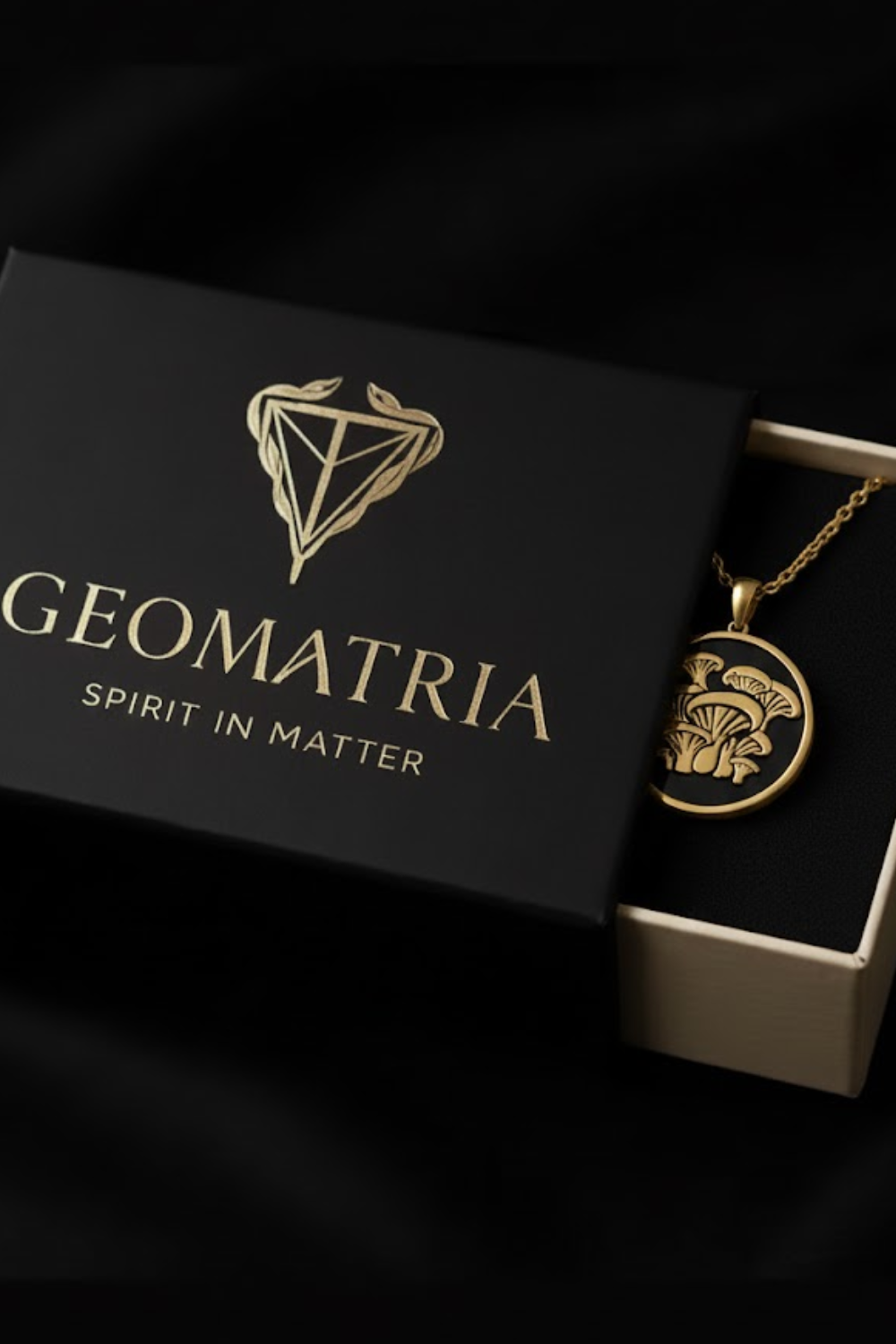 A black box with a gold geometric design and the text "Geomatria" on it, along with the phrase "SPIRIT IN MATTERS" below the design.