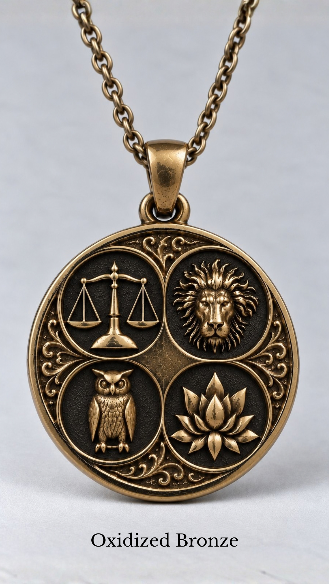 Stoic Virtues Pendant Necklace | Ancient Philosophy Symbol Pendant | Handmade in 925 Sterling Silver, 24k Gold Plated, Copper, Bronze