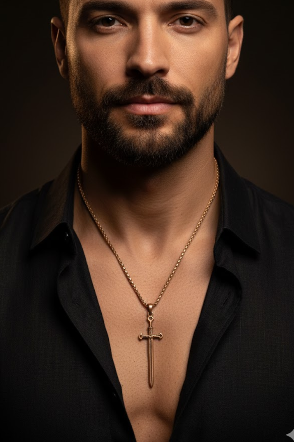 A man with a beard wearing a black shirt and a gold necklace with a sword pendant.