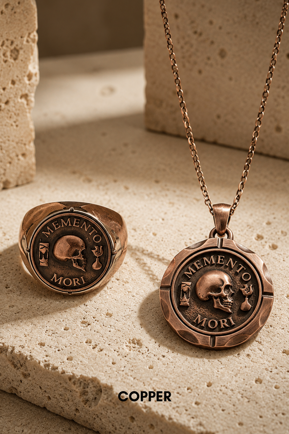 Memento Mori Set | Dual Metal Pendant & Ring | Handmade in 925 Sterling Silver & Bronze