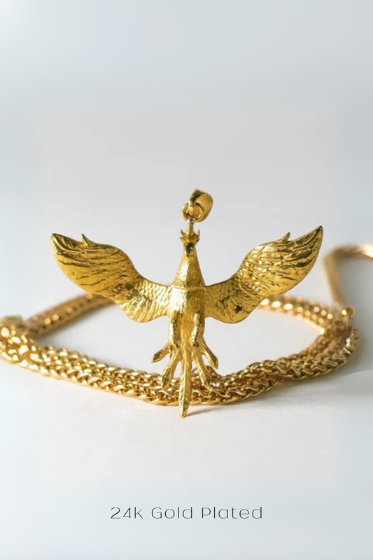 Collar Fénix – Colgante hecho a mano en bronce, plata de ley y baño de oro de 24 quilates 
