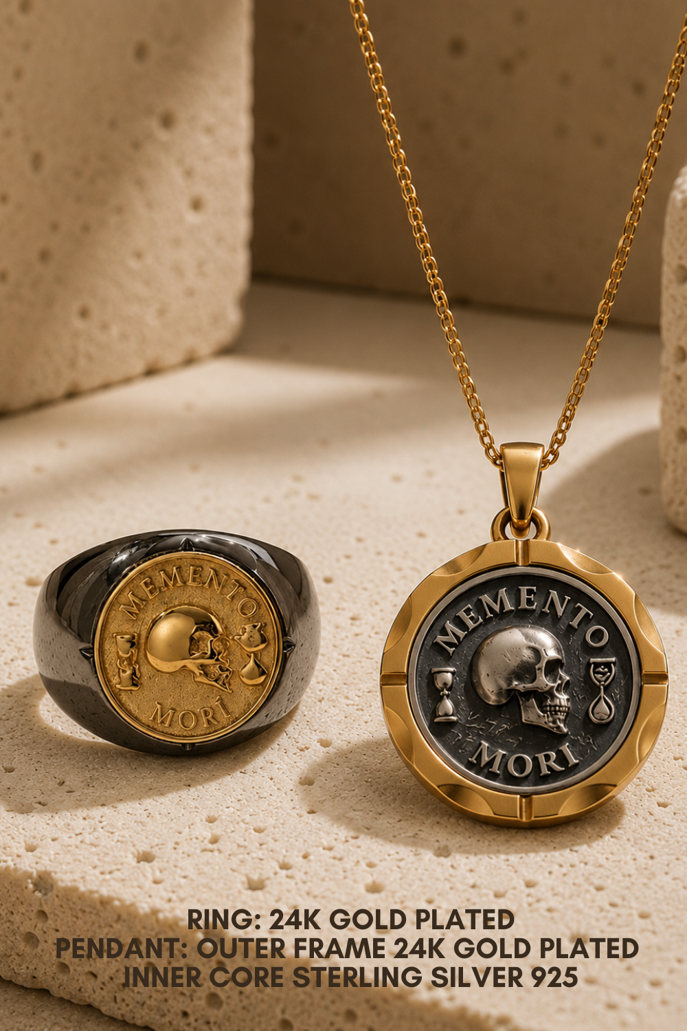 Memento Mori Set | Dual Metal Pendant & Ring | Handmade in 925 Sterling Silver & Bronze