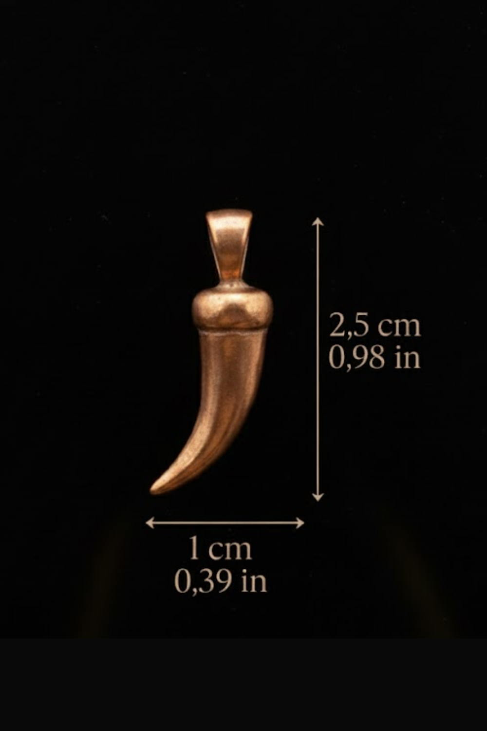 a small, copper-colored pendant or charm with a curved shape, possibly resembling a tooth or a horn, against a black background.