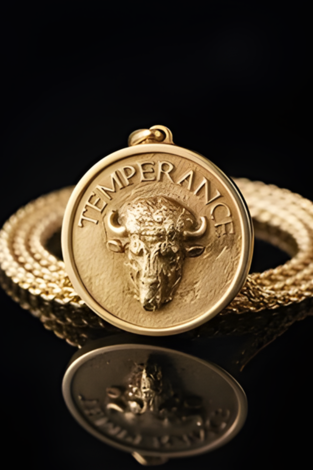 A gold-colored pendant with a bull's head design, surrounded by a chain, is displayed against a black background.