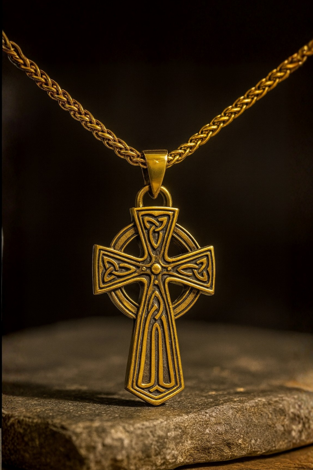 A gold-colored Celtic cross pendant is displayed on a chain against a dark background.