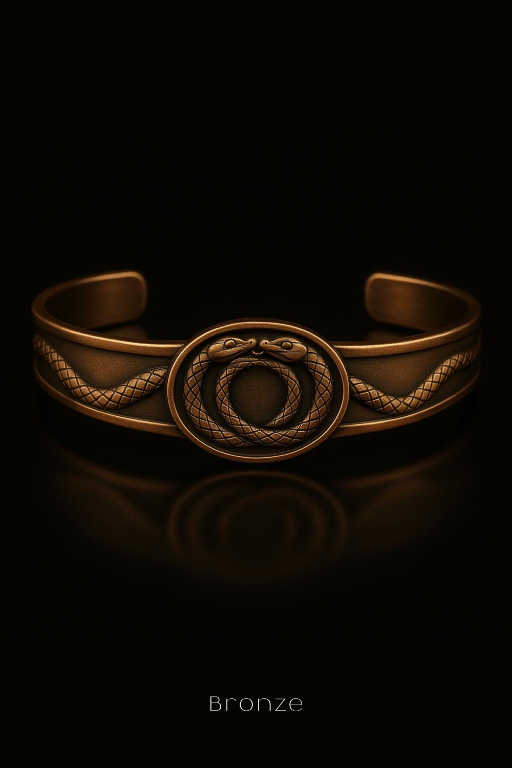 A close-up image of a bronze bracelet with a snake design on the front.