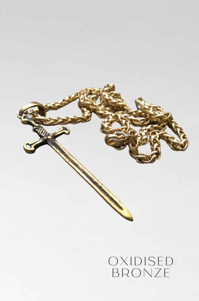 Colgante de espada en bronce, plata de ley 925, baño de oro de 24 k, collar de daga, espada antigua 