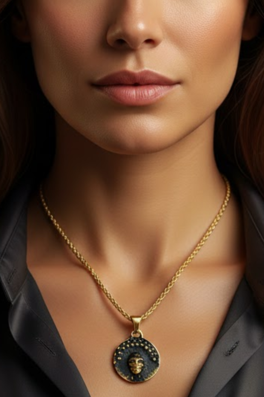 A close-up of a woman's neck and chest area, with a gold chain necklace and a pendant featuring a face design.