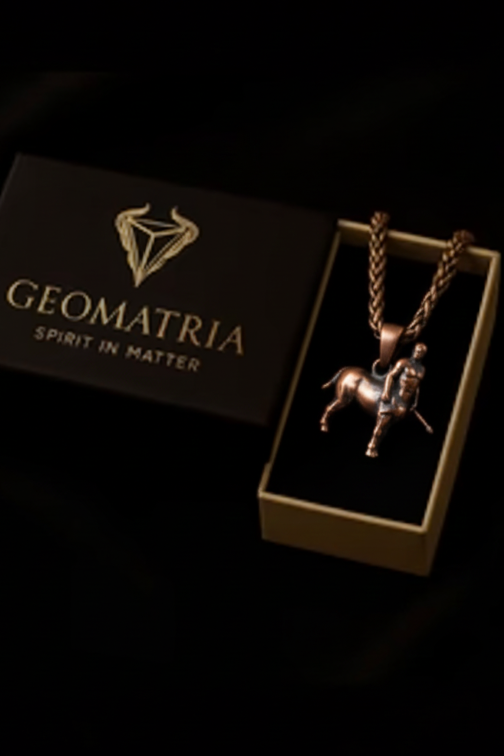 A necklace with a pendant in the shape of a horse is displayed in a box with the text "Geomatria Spirit in Matter" printed on it.