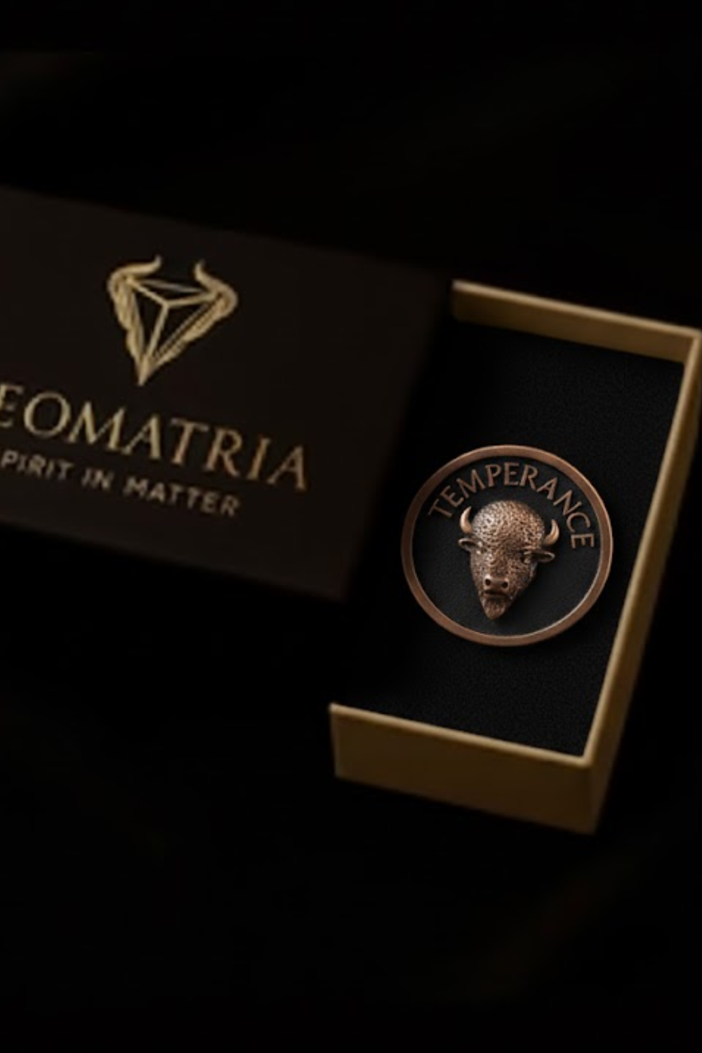 a close-up of a coin with a bull's head on it, placed inside a gold-colored box with a black interior.