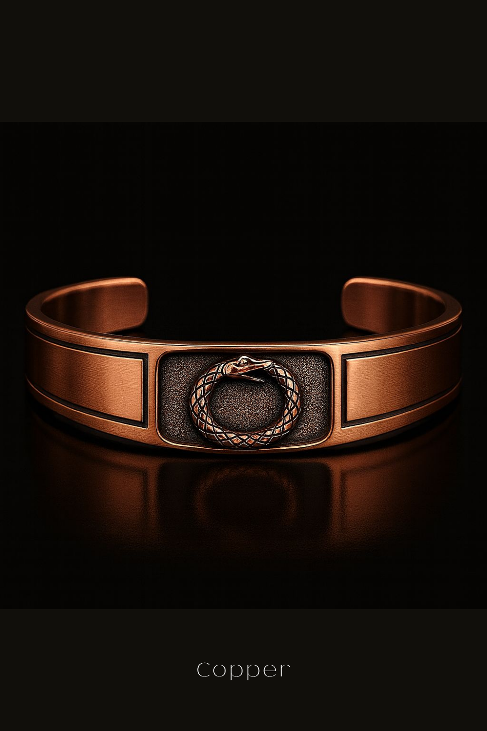 A copper bracelet with a snake design on the front, displayed against a black background.